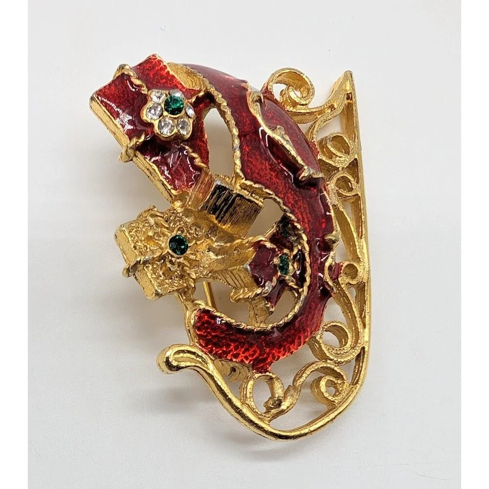 Christmas Sleigh Enamel Rhinestone Brooch Pin Gold Tone